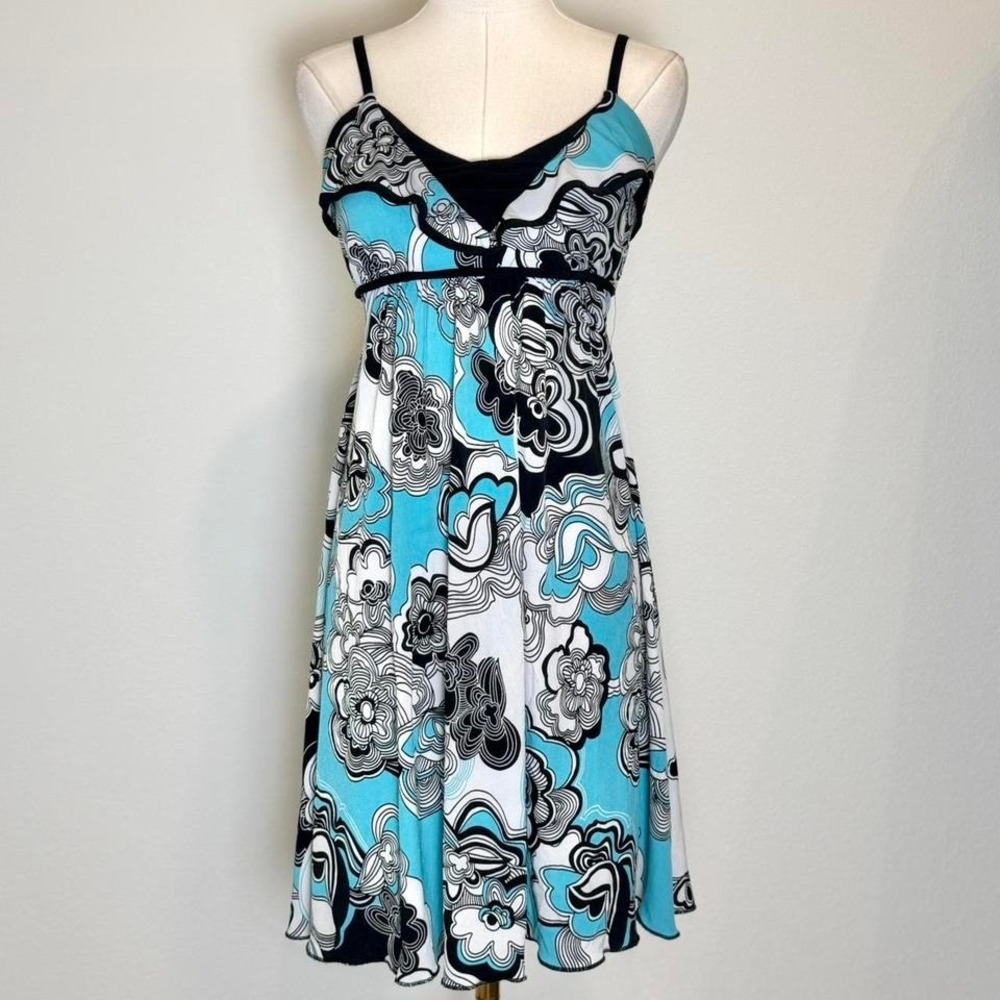 Y2K Fairy Party Dress Floral Swirl Turquoise Empire Waist Whimsy